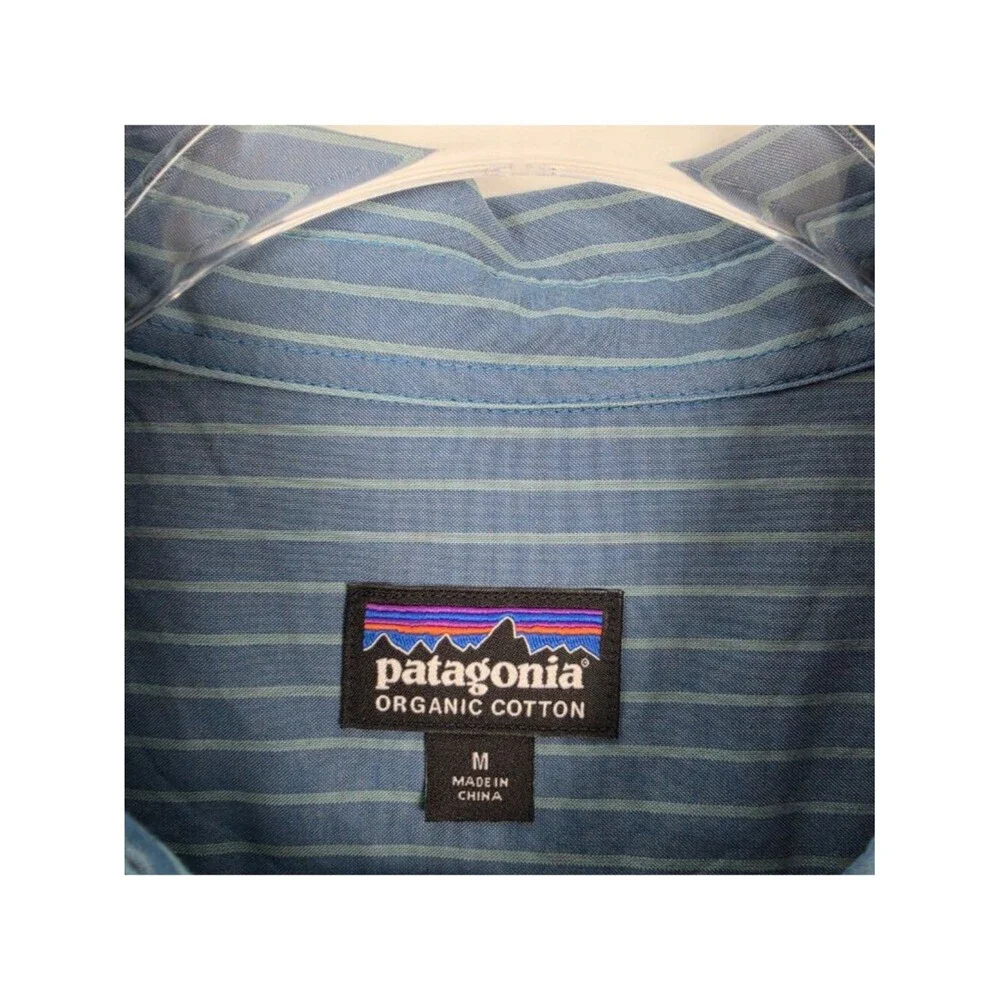 Patagonia Fezzman Button Shirt Short Sleeve Organic Cotton Striped Blue Size M